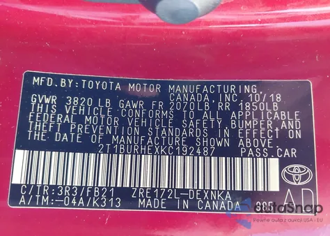 2019 Toyota Corolla Le из США, поврежденный, VIN 2T1BURHEXKC192487